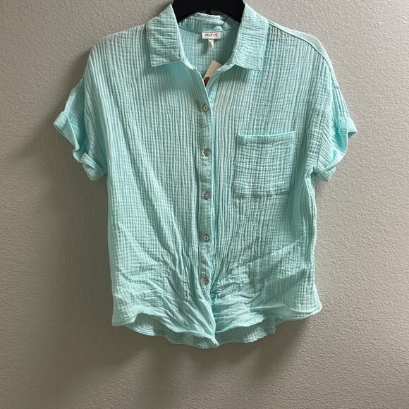 H). Self Esteem Button Down Shirt Short Roll Up Sleeve Teal Blue Medium - Picture 2 of 14